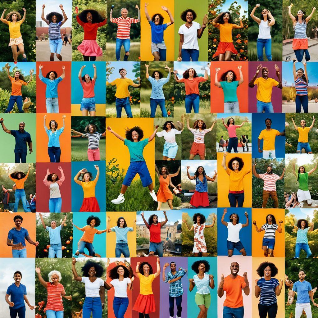 A vibrant collage of ecstatic moments depicting diverse individuals celebrating life, bursting with joy in various environments like nature, urban, and festive settings. Include elements like laughter, dancing, and playfulness, with superior ExGF artistic imagery that adds a whimsical touch. The color palette should be bright and uplifting, conveying a sense of happiness and nostalgia. super-realistic. vibrant colors. collage style.
