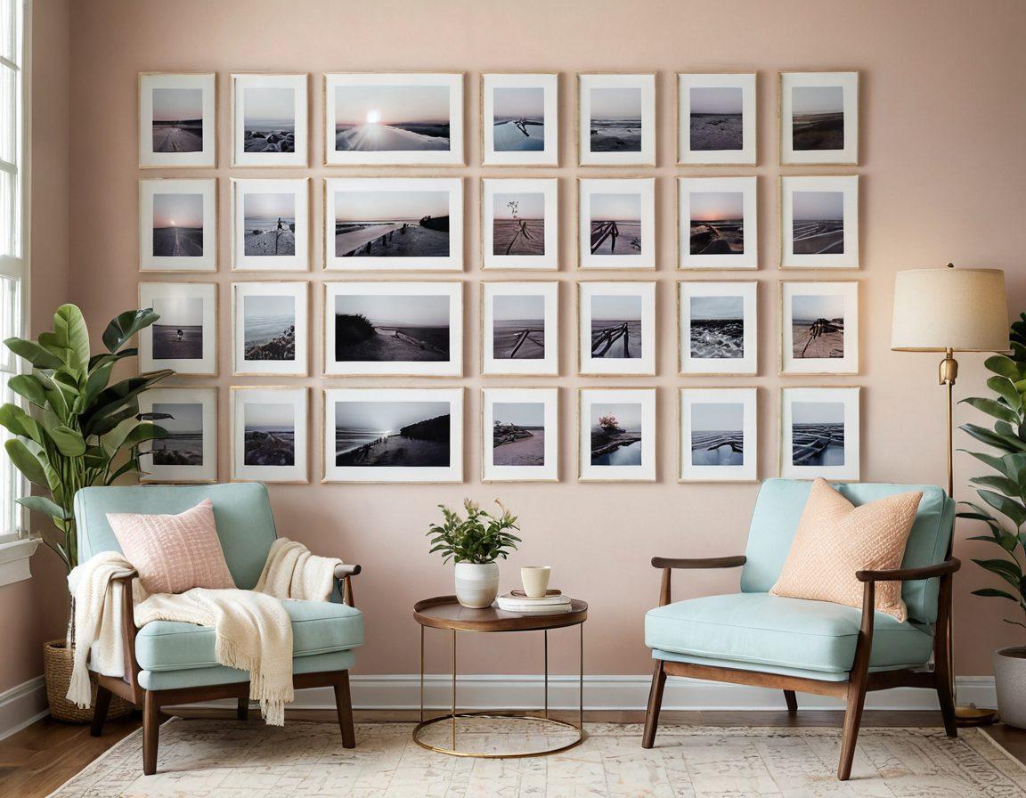 A beautifully arranged gallery wall featuring a collection of heartwarming photographs capturing joyful moments, including candid laughter, family gatherings, and serene nature scenes. Soft pastel colors dominate the background, enhancing the sense of warmth and happiness. Include subtle light effects to simulate sun rays filtering through an indoor space, creating an inviting atmosphere. A cozy chair and a small plant are shown in the foreground, inviting viewers to sit and enjoy the moments. vibrant colors. warm lighting. 3D.