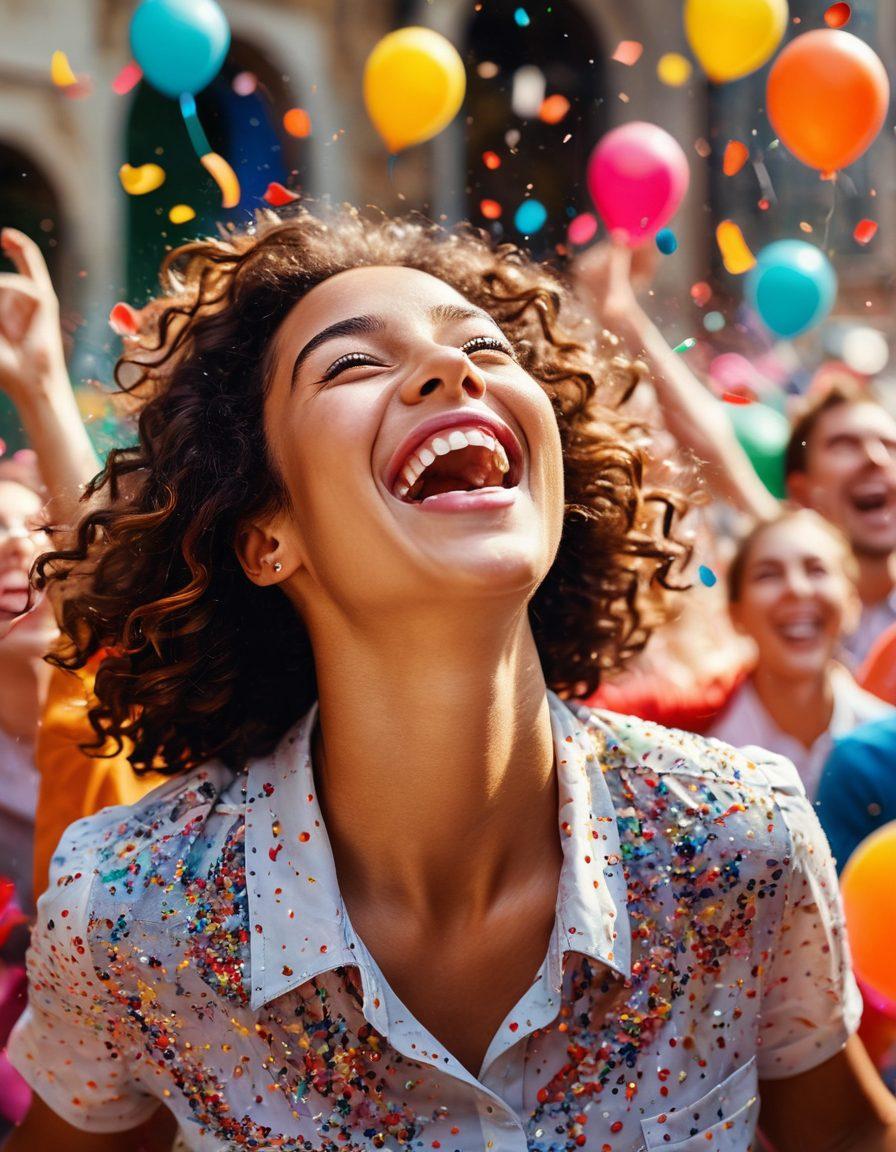 A vibrant collage of joyful moments captured in stunning detail, featuring diverse individuals laughing, jumping, and celebrating amidst a backdrop of colorful confetti and balloons. The scene should evoke an overwhelming sense of happiness and connection, with radiant sunlight illuminating the faces of the subjects. Incorporate dynamic angles and soft bokeh effects to enhance the feeling of elation. super-realistic. vibrant colors. 3D.